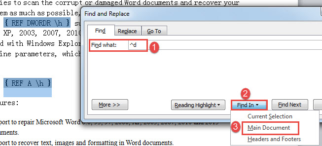 Enter "^d" in "Find what" box->Click "Find In"->Choose "Main Document"